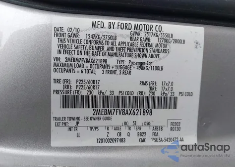 2010 Mercury Grand Marquis Ls (Fleet Only) from USA, damaged, VIN 2MEBM7FV8AX621898